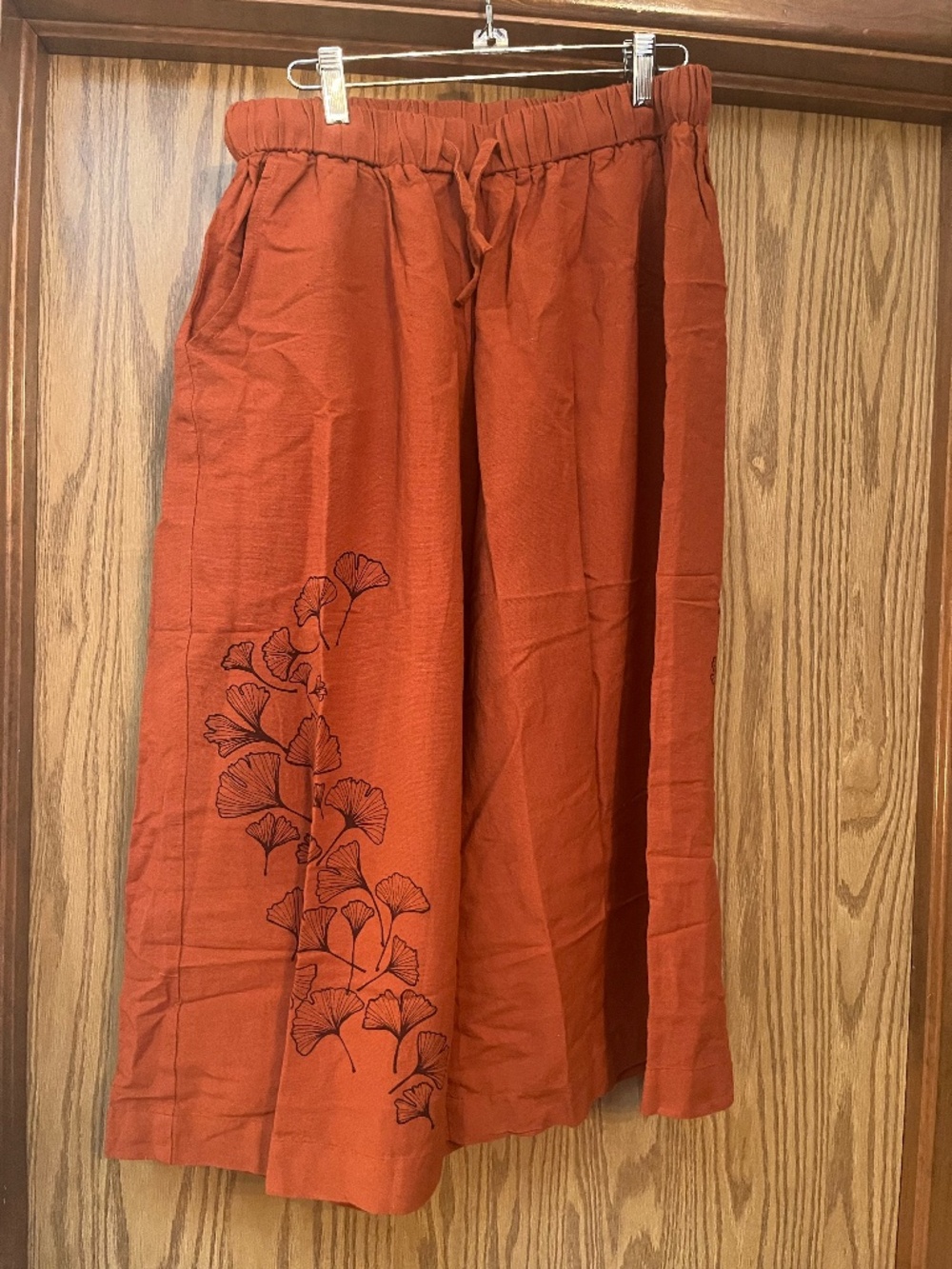 Artist printed gingko leaf ethical fabric/dyed terracotta crop culottes L/XL